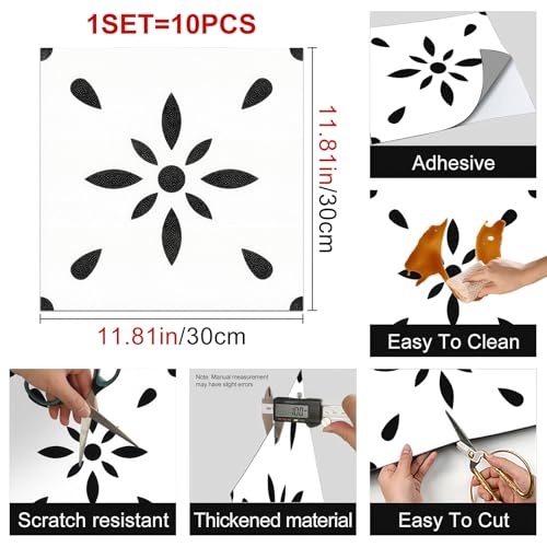 HOMETITUTE Black White Floral 12x12 Inch Peel Stick Vinyl Floor Tile - style: Black and White Floral