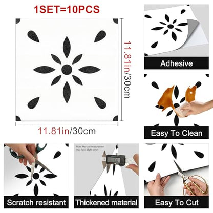 HOMETITUTE Black White Floral 12x12 Inch Peel Stick Vinyl Floor Tile - style: Black and White Floral