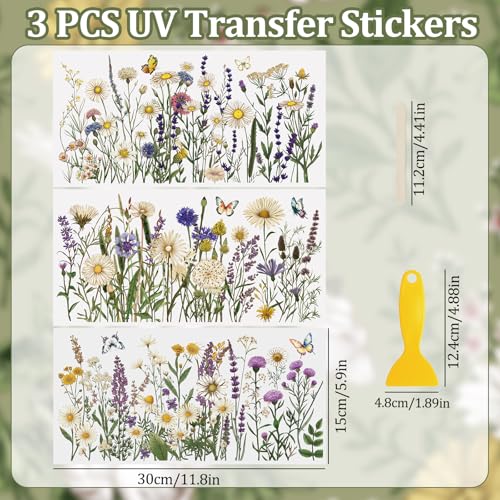 WANDIC 3 Sheets UV DTF Rub on Transfer Stickers, Horizontal Wildflower 3D Cup Warp Waterproof Decals for Glass Bottle Furniture Crafts,15 * 30cm - color: Wildflower Butterfly
