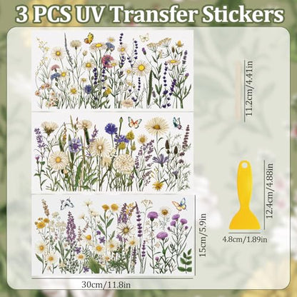 WANDIC 3 Sheets UV DTF Rub on Transfer Stickers, Horizontal Wildflower 3D Cup Warp Waterproof Decals for Glass Bottle Furniture Crafts,15 * 30cm - color: Wildflower Butterfly