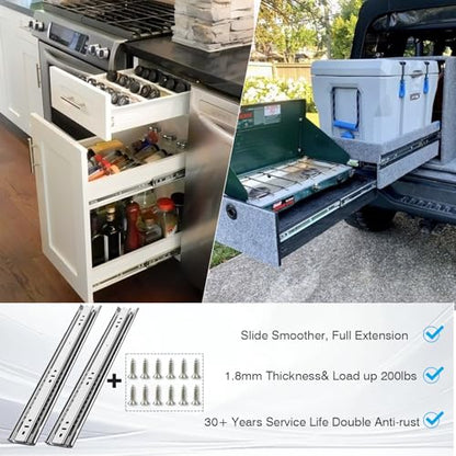 Thickened 200Lbs Heavy Duty Drawer Slides 1 Pair 10 12 14 16 18 20 22 24 32 40 Full Extension Ball Bearing Sliding Rails Cabinet Tool Box Runners Tracks Glides (16" L) - size: 16inch, style: W:51mm