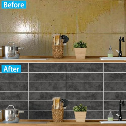 24-Pieces Peel and Stick Tiles for Kitchen Backsplash, New Upgrade Design 12" x 3"SPC Subway Backsplash Tiles, Marble Black Premium Finger Tiles (Dark Grey). - color: Drake Grey, size: 24-sheet
