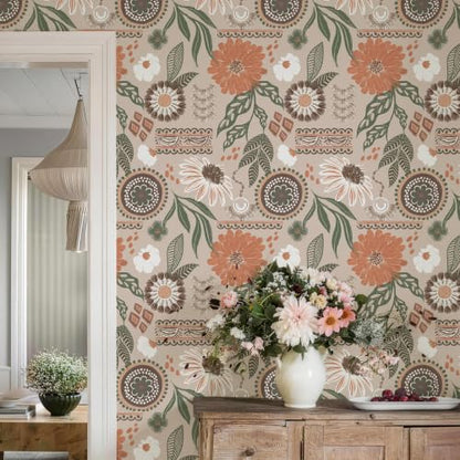 Simon&Siff Boho Sun Floral Retro Peel and Stick Wallpaper 17.3" x 800" - color: Gray, size: 17.3" x 800"