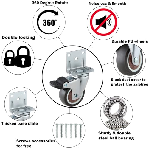2 Inches Side Mount Caster Wheels Set of 4 L-Shaped Rubber Locking Swivel Casters Heavy-Duty Double Plate Castor with Brake Industrial Metal Wheels for Workbench, Furniture, Cabinet, Woodbox - style: 4-pack 2 IN/ With brake/ L-Shape