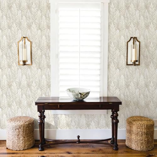 17.32" X 195.85"Beige Peel and Stick Wallpaper Modern Boho Leaf Wall paper - size: 17.3" x 196.9"