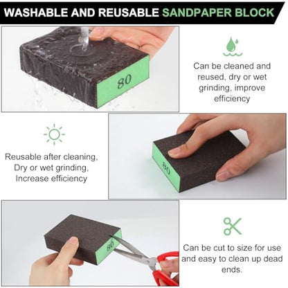 Romeda 8-Pack Sandpaper Block, 80 Grits Washable and Reusable Handmade Sanding Sponge, Drywall Sandpaper Blocks for Wooden Drywall Sheetrock and Metal Glazing - color: 80 Grits, size: 8-Pack