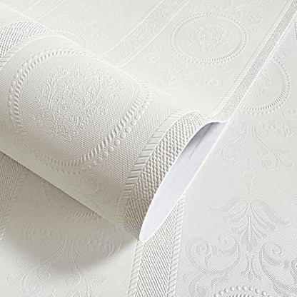 JiffDiff White 3D Embossed Textured Peel Stick Wallpaper 17.3"x800" - color: White, size: 17.3" x 800"