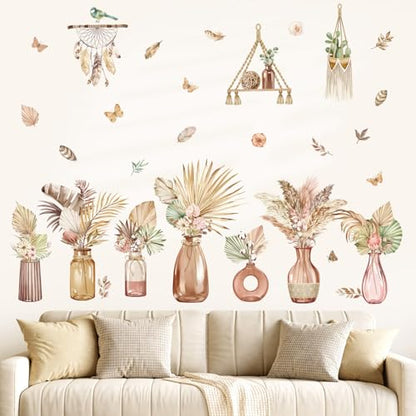 decalmile Boho Palm Leaves Flower Vase Tropical Plants Wall Decals Stickers - color: Boho Flower