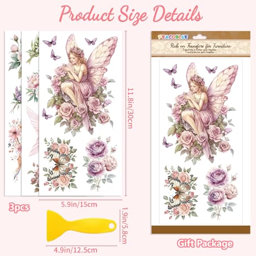 Peacoblue Fairy with Flowers Rub On Transfers for Furniture Craft 6"x12" - style: Fairy With Flowers