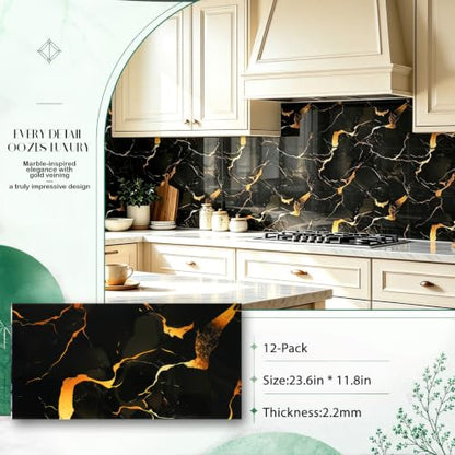 12pcs Peel and Stick Black and Gold Tiles for Backsplash, 11.8" x 23.6" - color: Black/Gold, size: 23.6" x 11.8" x 2.2mm