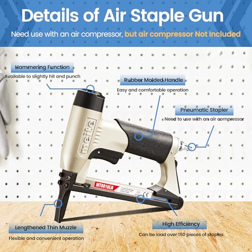 meite Upholstery Staple Gun with Extended Nose for 21 Gauge 1/2-Inch Crown Staples, Heavy-Duty Pneumatic Stapler for Woodworking, Carpentry, and Decoration DIY Projects (Model MT8016LN)