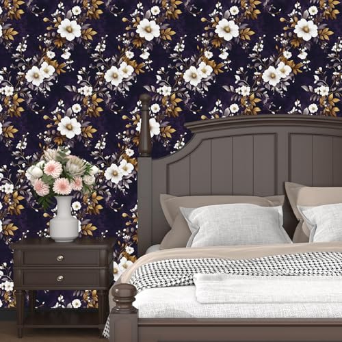 Laatse Dark Floral Peel and Stick Wallpaper 17.5" x 118",Purple/White - color: Purple White, size: 118" x 17.5"
