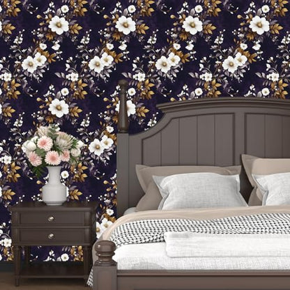 Laatse Dark Floral Peel and Stick Wallpaper 17.5" x 118",Purple/White - color: Purple White, size: 118" x 17.5"