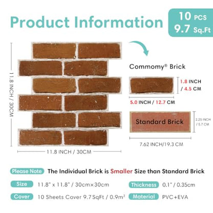 Commomy Faux Brick Wall Panels Peel and Stick Thin PVC 10 Pcs 11.8" x 11.8" - color: Brick-MA