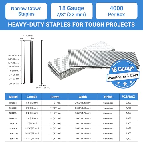 meite 18 Gauge 1/4-Inch Narrow Crown Staples, 7/8-Inch Length Heavy Duty Galvanized Upholstery Staples for Electric or Pneumatic Narrow Crown Staple Guns (4,000 PCS) (Pack of 2) - size: 7/8" Length (Pack of 2), style: 1 Box