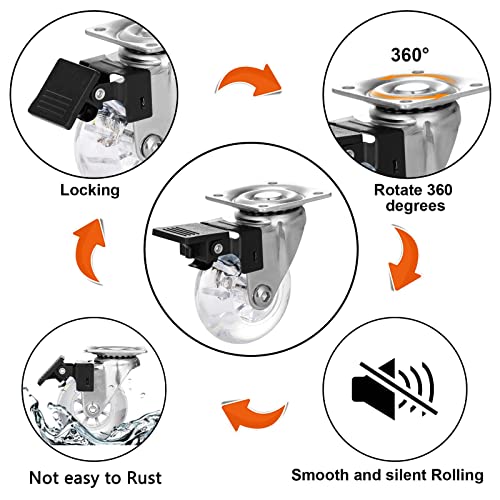 2" Caster Wheels Set of 4, Heavy Duty Casters with Brake, Crystal Clear Swivel Plate Castors, No Noise Locking Casters with Transparent Polyurethane (PU) Wheels (2 inch) - style: 2 inch