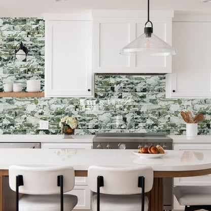 Vamos Tile Peel & Stick Backsplash on Subway Tile,40-Pack 3''x12'',Glossy - color: Ice Green with White Grout