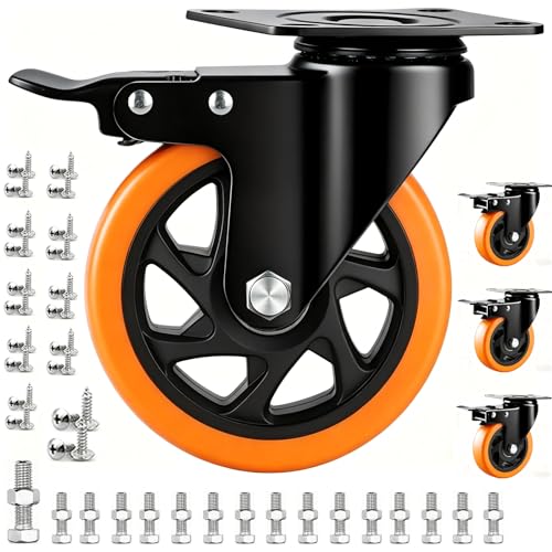 4 inch Casters Load 2400lbs -Includes 2 Sets of Adaptive Screws -Lockable Bearing Plate Heavy Duty Caster with Brakes, 360-degree Swivel for Furniture and Workbench Cart, Set of 4 - size: 4 inch Orange