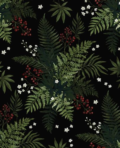 Dark Green Botanical Berries Peel and Stick Wallpaper 17.5" x 118" - color: Black/Dark Green, size: 17.5" x 118"