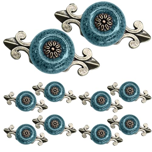 10pcs Blue Ceramic Knobs with Pattern - color: Blue with Pattern, size: 10 Pieces