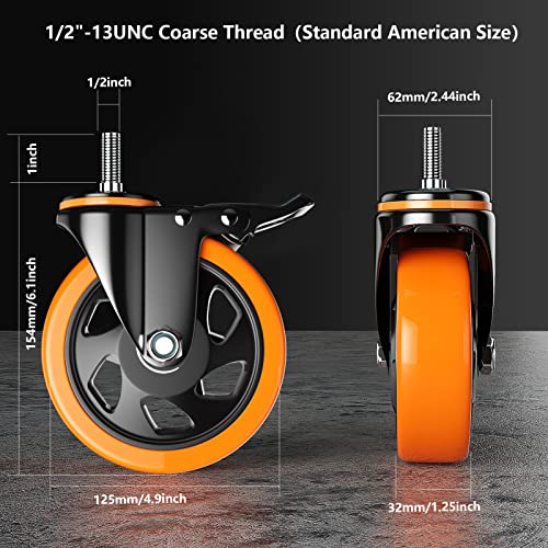 5 Inch Stem Casters Set of 4 Heavy Duty 1/2"-13x1 Threaded Caster Wheels - color: Orange, size: 5in(1/2"-13)