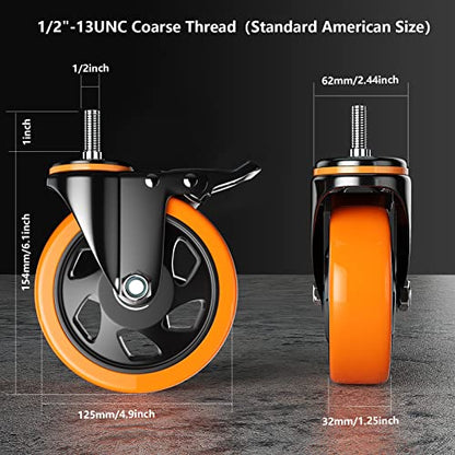 5 Inch Stem Casters Set of 4 Heavy Duty 1/2"-13x1 Threaded Caster Wheels - color: Orange, size: 5in(1/2"-13)
