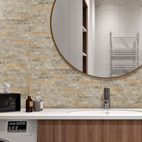 STICKGOO 20 Sheets Peel and Stick Backsplash Tile, Stick on Backsplash for Kitchen and Bathroom, Stone Beige Marble Look PVC Mixed Metal Gold Self Adhesive Wall Tiles - color: Stone Beige + Metal Gold