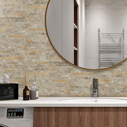 STICKGOO 20 Sheets Peel and Stick Backsplash Tile, Stick on Backsplash for Kitchen and Bathroom, Stone Beige Marble Look PVC Mixed Metal Gold Self Adhesive Wall Tiles - color: Stone Beige + Metal Gold
