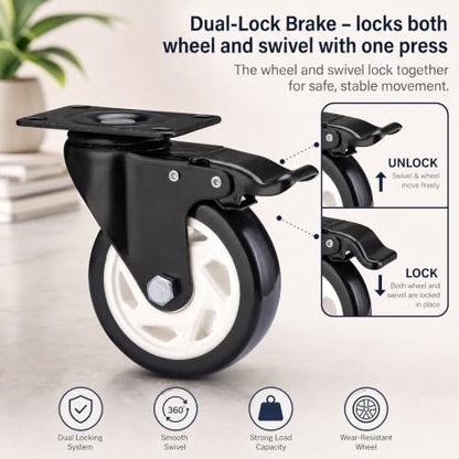 5" Swivel Casters Set of 4, Heavy Duty Locking Casters with Brakes - color: Black, size: 5 inch