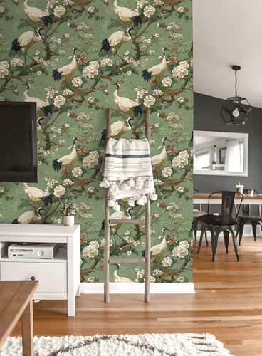 Chinoiserie Botanical Wallpaper, Crane Floral Peel and Stick Wallpaper - color: ML-M090, size: 17.7" x 236"
