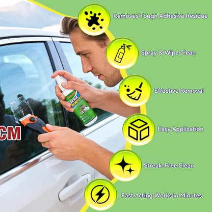Adhesive Remover Spray Kit, 4 fl oz Sticker Remover for Labels, Glue, Residue, Tape, Decals, Fast Acting Glue Remover Includes Scraper and 10 Extra Plastic Razor Blades for Home, Car, Glass, Metal