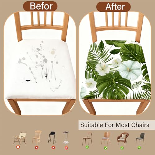 Chair Seat Covers - Waterproof Stretch Printed Dining Room Chair Cover with Elastic Ties Removable Washable Dining Upholstered Chairs Protector (White-Green, Four-Piece Set) - color: White-green, size: Four-piece set
