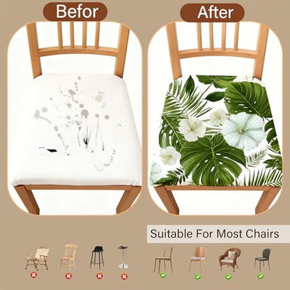Chair Seat Covers - Waterproof Stretch Printed Dining Room Chair Cover with Elastic Ties Removable Washable Dining Upholstered Chairs Protector (White-Green, Four-Piece Set) - color: White-green, size: Four-piece set