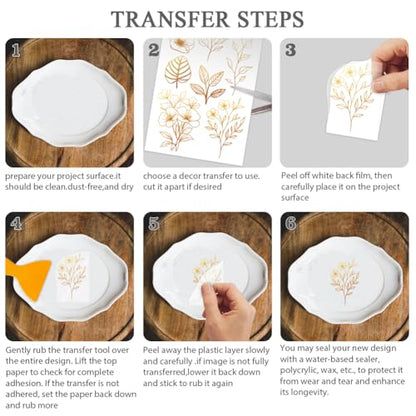 OLYCRAFT 3pcs/Set Orange-Yellow Flower Leaves Rub on Transfers for Furniture and Crafts 6x12 Inch Flowers Furniture Decals Transfer Stickers Rub on Decals with 1pc Scraper for Wood Glass Home Decor - style: Yellow-brown gradient flowers