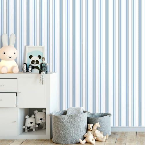 Blue Striped Peel and Stick Wallpaper 17.3" x 1200" - color: Blue, size: 17.3" x 1200"