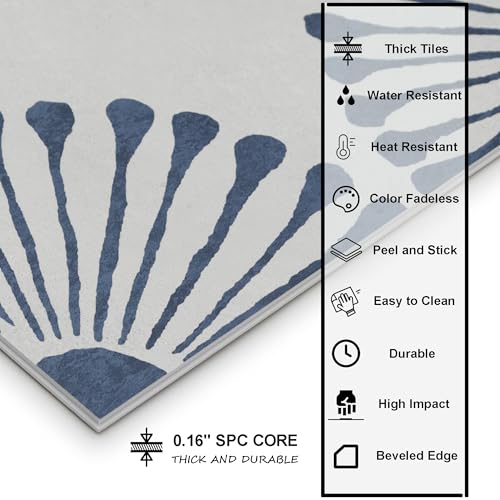 16-Sheet Peel and Stick Floor and Wall Tile, 9" x 9" Blue Stone Composite Self Adhesive Vinyl Flooring, Patterned Flower Groutable Backsplash Tile for Kitchen Bathroom Shower - color: Blue