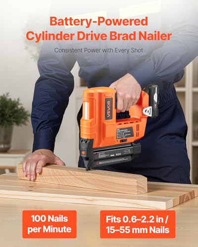 VEVOR Cordless Brad Nailer, 18 Gauge, 20V Battery Powered Nail Gun, with 500 pcs Nails, 2.0 Ah Li-ion Battery and Charger, Adjustable Nailing Depth, for Home Improvement, Woodworking, DIY Project - size: 18 Gauge - 1 Battery