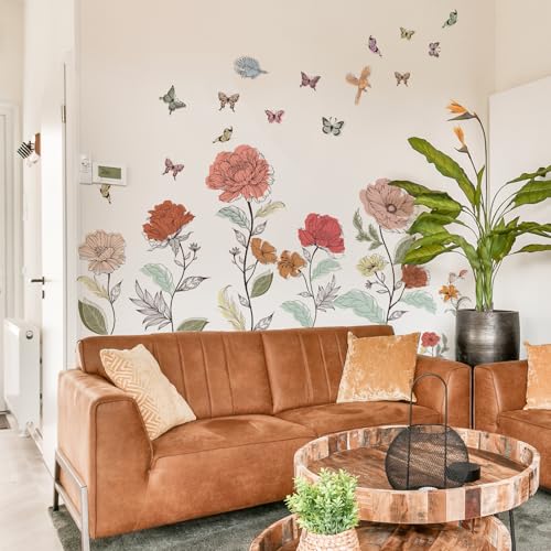 3 Sheets Large Boho Floral Wall Stickers Vintage Peony and Butterfly Decals - color: Vintage Peony