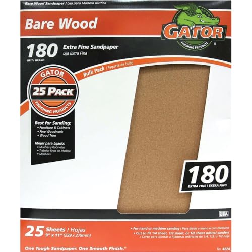 Gator 9" x 11" Bare Wood Sanding Sheets, 180 Grit, 25 Pack - size: 180 Grit