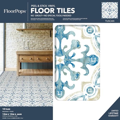 FloorPops 12-in by 12-in Tuscan Peel and Stick Floor Tiles (10 Tiles), (10 sq.ft./Carton) (Pack of 6) - size: 12-in by 12-in (Pack of 6)