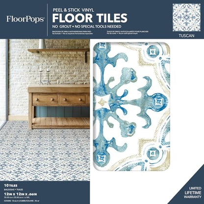 FloorPops 12-in by 12-in Tuscan Peel and Stick Floor Tiles (10 Tiles), (10 sq.ft./Carton) (Pack of 6) - size: 12-in by 12-in (Pack of 6)
