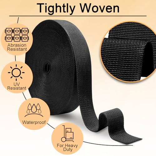 CooBigo 12 Yards Webbing 3/4" & 1" & 1.5" & 2" Polypropylene Webbing Strap 3/4 Inch 1 Inch 1.5 Inch 2 Inch Wide Webbing Strapping for Bags/Lawn Chair/Pool Solar Cover DIY Crafting - color: Black, size: 1"- 12 Yards