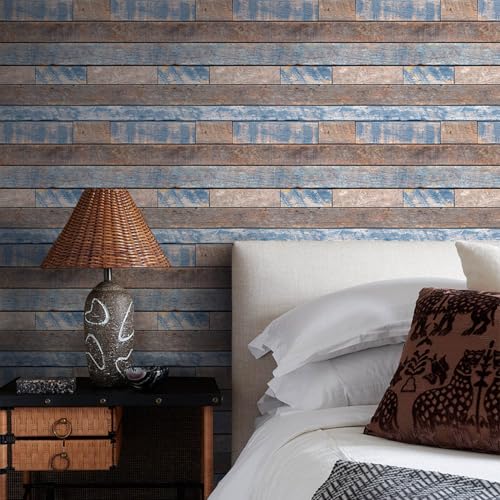 COMSTICKC 3D Peel and Stick Faux Wood Wall Sticker, 10 Pcs 11.8" x 11.8" - color: Brown-Blue