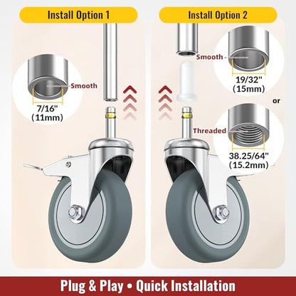 HOLKIE Stem Caster Wheels 4 inch Locking Casters Set of 4, 7/16-Inch Stem Diameter Swivel Castor Heavy Duty TPR Rubber Replacement Castors for Cart, Stool, Mop Bucket, Grill, Shop Vac - style: 4 inch-205LBS (With Brake)