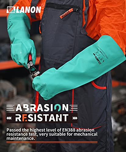 LANON 18" Long Nitrile Chemical Resistant Gloves,Unlined,Green,Large - size: Large (Pack of 1)