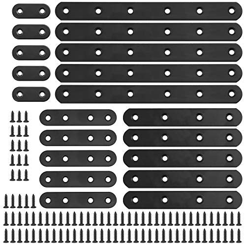 Glarks 110Pcs 20Pcs 40mm 80mm 130mm 200mm Flat Straight Corner Brace Black Metal Joint Plate Connector Repair Fixing Bracket with Mounting Screws Set for Wood Furniture - size: 4 Size Flat Brackets Set