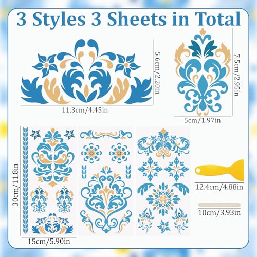 WANDIC 3 Sheets Rub On Transfer Stickers, Blue Pattern Waterproof Decals Furniture Craft Embellishments for DIY Scrapbooking Photo Albums,15 * 30cm - color: Blue Yellow Pattern