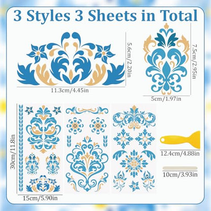 WANDIC 3 Sheets Rub On Transfer Stickers, Blue Pattern Waterproof Decals Furniture Craft Embellishments for DIY Scrapbooking Photo Albums,15 * 30cm - color: Blue Yellow Pattern