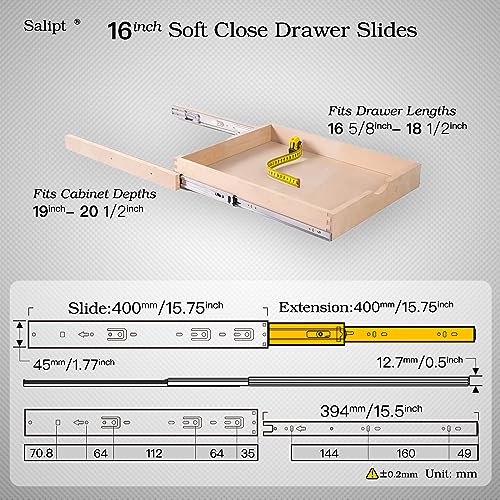 16 inch Soft Close Drawer Slides Set 6-Pairs (12 Pieces),Full Extension Side Mount Ball Bearing,Less Noise,Load Rating 100 lbs.