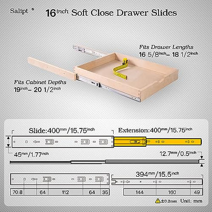 16 inch Soft Close Drawer Slides Set 6-Pairs (12 Pieces),Full Extension Side Mount Ball Bearing,Less Noise,Load Rating 100 lbs.